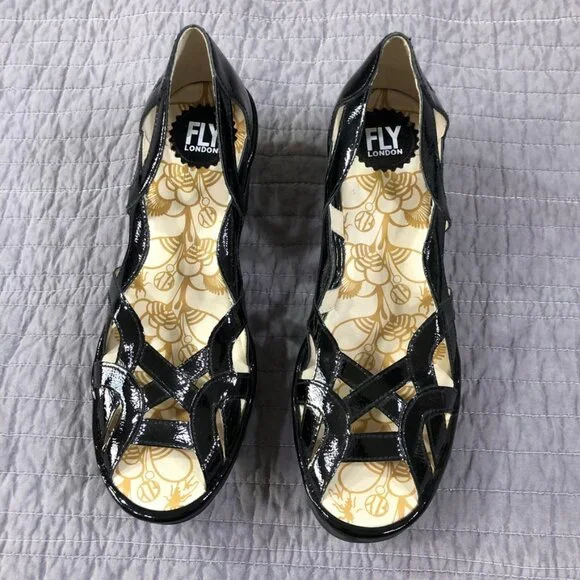 Fly London Wedge Size 41 EU 10 US Yadi Interwoven Straps Peep Toe Black Patent - Picture 4 of 13
